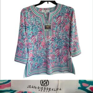 $178 NEW PARIS JEAN-PIERRE KLIFA PINK GREEN 3/4 SLEEVE SPF BLOUSE TOP LARGE NWT